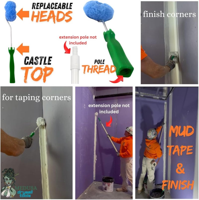 MEDUSA S.S. Drywall Taping Tool Set with Adjustable and reversible S.S. Angle Tool, Removable and Replaceable Corner Mud Roller and Professional Grade S.S. Mud Pan with Grip - Image 3